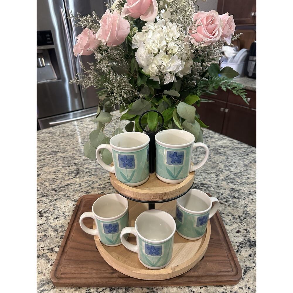 Vintage Made In England (SET OF 5) Light Green & Perwinkle Flowers Cups Mugs